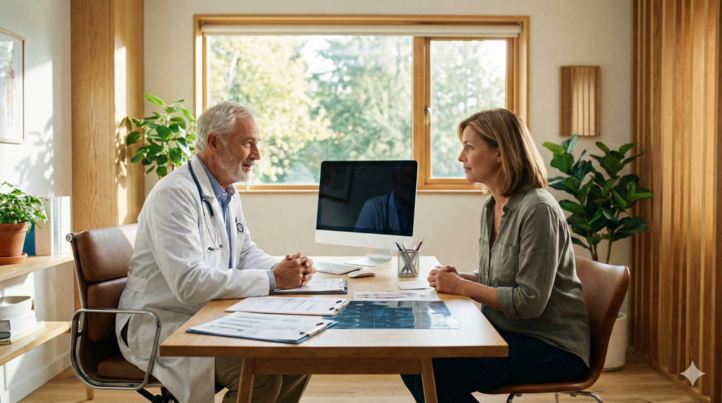  Treat와 Cure 차이를 설명하는 의사와 환자 상담 모습