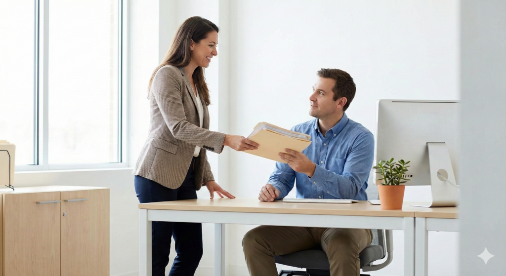 동료의 업무 요청에 응하여 Cooperate 하는 직장인의 모습