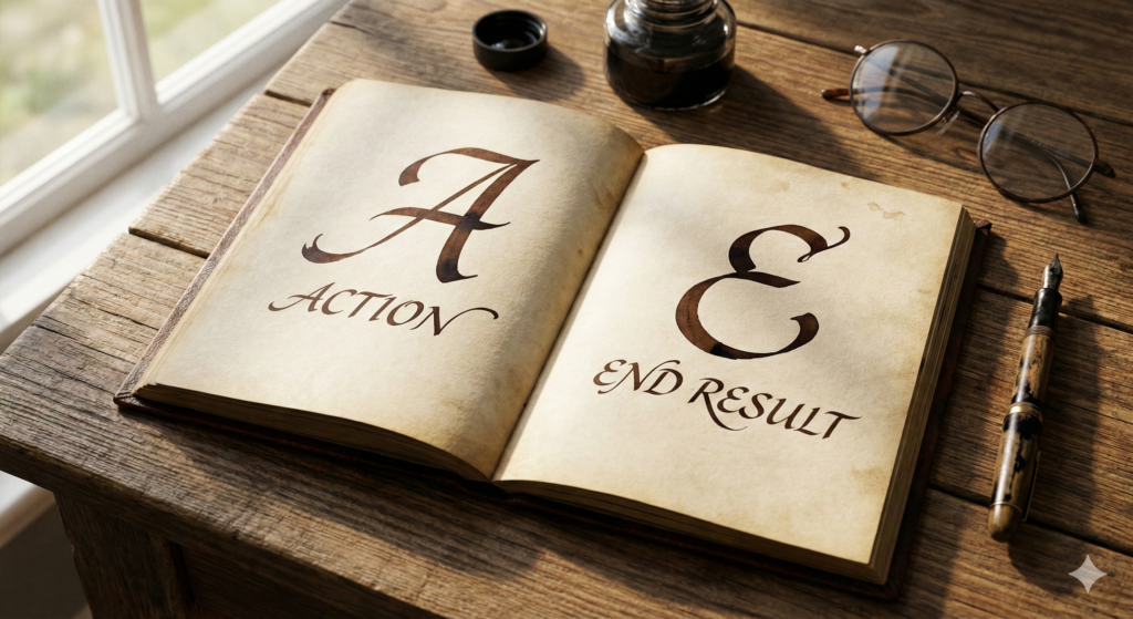 Affect Effect 차이 구분을 위한 Action과 End result 암기법이 적힌 빈티지 노트