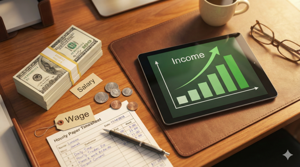 .돈 관련 영어 Salary Wage Income의 차이점을 설명하는 비즈니스 금융 이미지