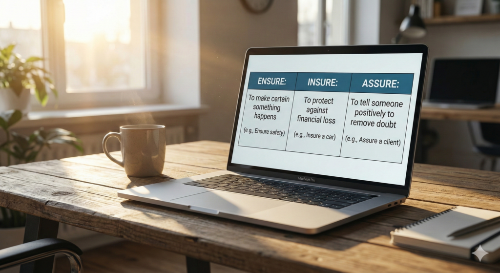 Ensure Insure Assure 차이점을 정리한 차트가 띄워진 세련된 사무실 노트북 화면 이미지