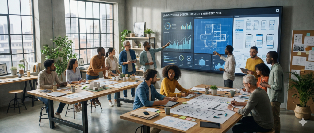 새로운 가치를 창출하기 위해 팀원들이 Collaborate 하는 창의적인 회의 모습