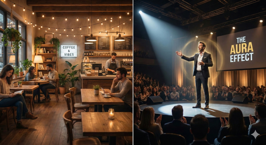 카페의 분위기(Vibe)와 연설가의 카리스마(Aura)를 비교하여 보여주는 분할 화면 이미지