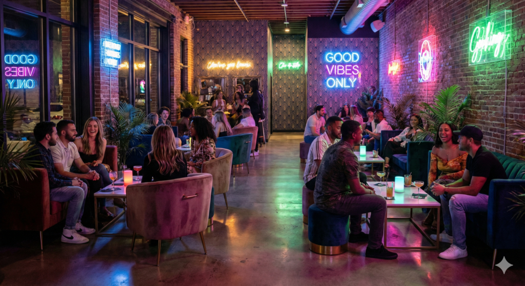 활기차고 화려한 조명 아래 사람들이 웃고 있는 긍정적인 바이브의 라운지 풍경