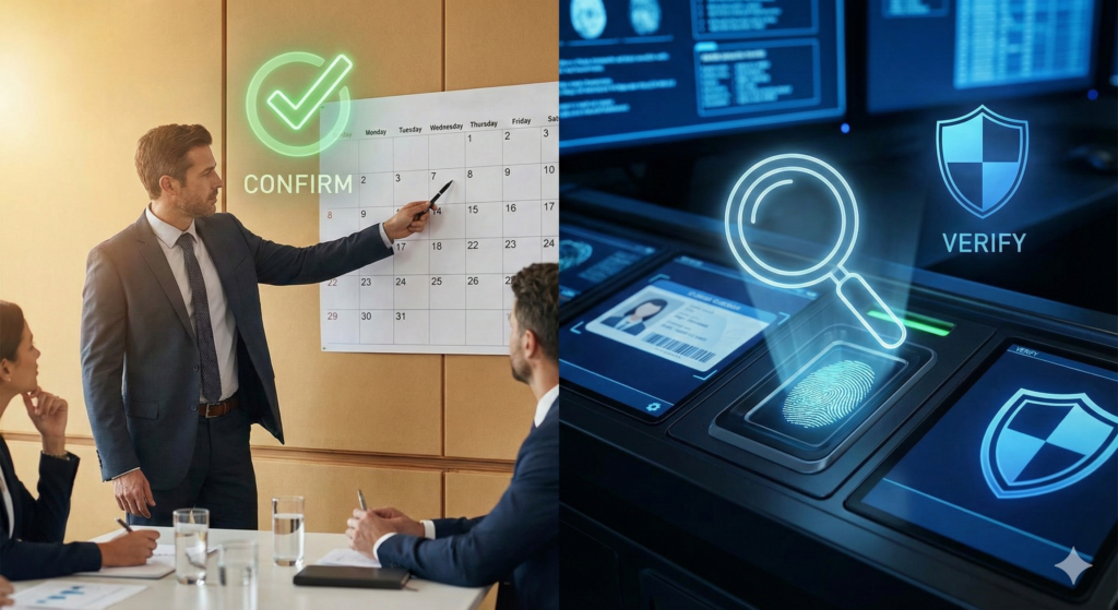 비즈니스 영어 Confirm과 Verify의 정확한 뉘앙스 차이를 설명하는 사무실 이미지