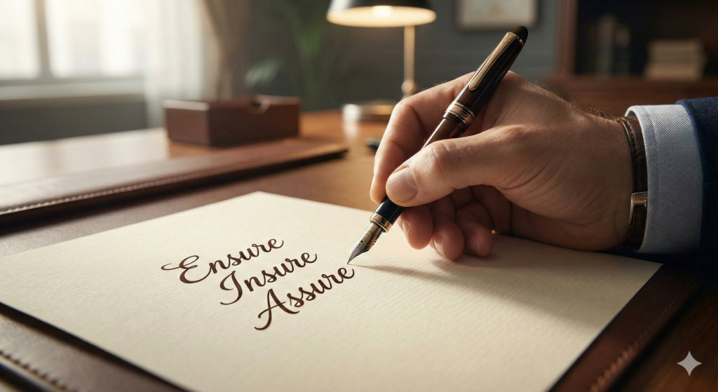 종이에 Ensure, Insure, Assure 단어를 적으며 비즈니스 영어를 공부하는 전문가의 손 이미지